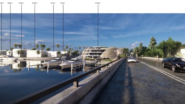 A view from the bridge leading into Sovereign Islands showing plans for a new neighbourhood centre.