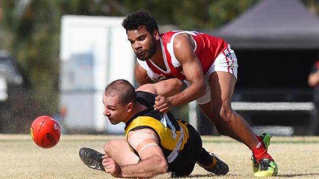 Woori Yallock's Ethan Clasby scraps with Healseville's Kokwam Niki. Picture: Josie Hayden