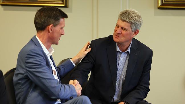 Former ministers Mark Bailey and Stirling Hinchliffe at Friday’s caucus meeting in Brisbane. Picture: NCA NewsWire/Tertius Pickard