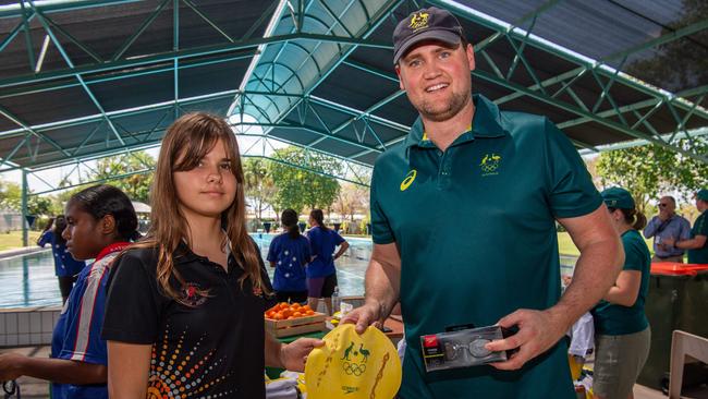 Hunter Rosewood and David Mckeon as Olympians and scholarship coaches run training sessions for Katherine youth at RAAF Base Tindal. Picture: Pema Tamang Pakhrin