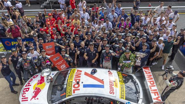 The Triple Eight team celebrate a dominant season after the Adelaide 500. Picture: Mark Horsburgh