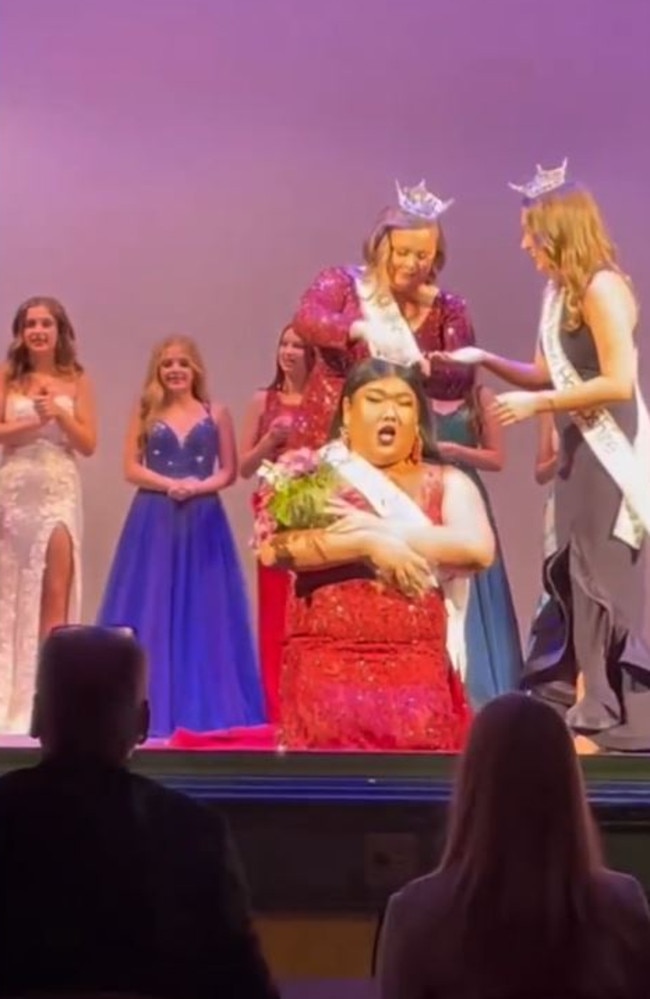 Brían Nguyen is pictured moments after being crowned Miss Greater Derry. The clip went viral online, where critics accused the competition of going ‘woke’. Picture: TikTok