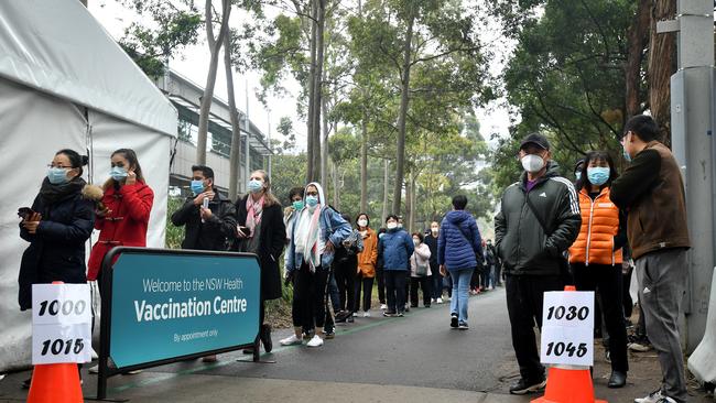 Members of the public queue at the Covid-19 vaccination hub at Olympic Park in Sydney on Thursday. Picture: NCA NewsWire/Joel Carrett