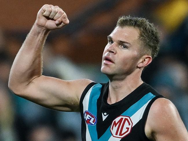 ADELAIDE, AUSTRALIA - AUGUST 03: Dan Houston of the Power  celebrates a goal  during the round 21 AFL match between Port Adelaide Power and Sydney Swans at Adelaide Oval, on August 03, 2024, in Adelaide, Australia. (Photo by Mark Brake/Getty Images)