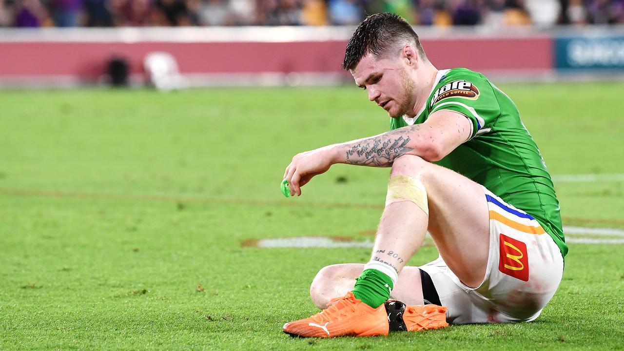 John Bateman of the Raiders looks dejected after playing his last match for Canberra – defeat during the NRL Preliminary Final match between the Melbourne Storm and the Canberra Raiders at Suncorp Stadium on October 16, 2020 in Brisbane, Australia. (Photo by Bradley Kanaris/Getty Images)