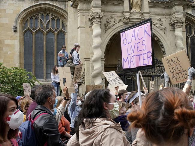 Demonstrators demand the removal of the Rhodes statue at Oxford University’s Oriel College. Picture: Getty Images