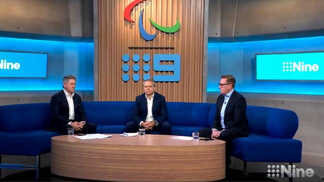 Nine Entertainment chief executive officer Mike Sneesby, chief finance and strategy officer Matt Stanton and chief sales officer Michael Stephenson delivering the company's annual results on Wednesday, August 28, 2024. Source: Channel 9