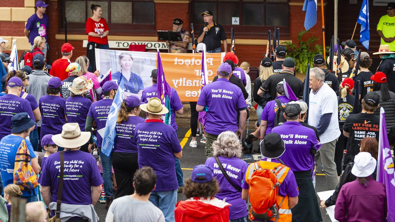 Labour Day 2022 Toowoomba march attendees listen to speeches, Saturday, April 30, 2022. Picture: Kevin Farmer