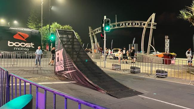 Aftermath of a motorcycle crash at a GC500 stunt show which went wrong in Surfers Paradise. Picture: Jessica Paul