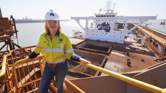 Fortescue Metals Group chief executive Elizabeth Gaines atop a shiploader at the iron ore miner’s Port Hedland facilities.