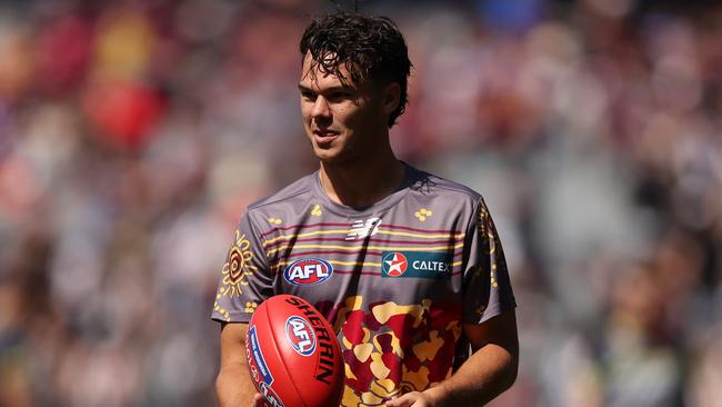 Cam Rayner during Brisbane’s on-field warm-up. Picture: Robert Cianflone/AFL Photos/via Getty Images