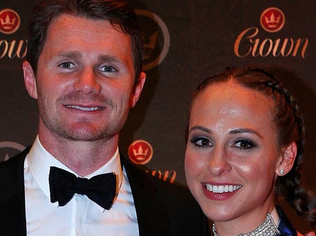 MELBOURNE, AUSTRALIA - SEPTEMBER 26: 2016 AFL Brownlow Medalist Patrick Dangerfield (L) and Mardi Dangerfield (R) during the 2016 Brownlow Medal after party at Crown Entertainment Complex on September 26, 2016 in Melbourne, Australia. (Photo by Daniel Pockett/Getty Images for Crown Golden Ale)