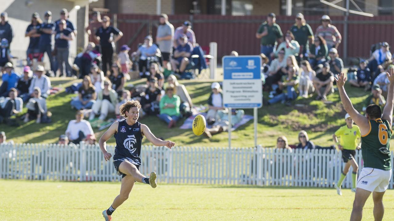 Henry Sheath kicks a goal for Coolaroo against Goondiwindi Hawks in AFL Darling Downs Allied Cup senior men grand final at Rockville Park, Saturday, September 2, 2023. Picture: Kevin Farmer