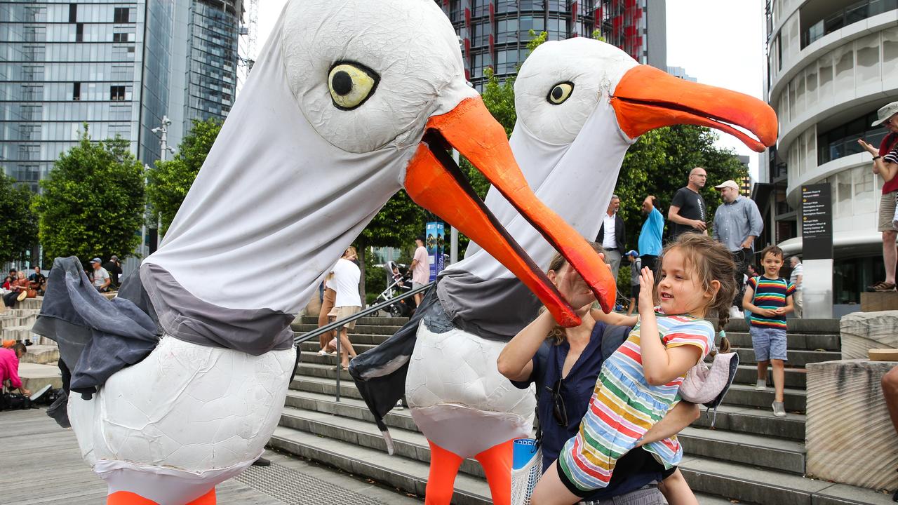 Alison Holland and her children, Poppy and Finn, enjoyed seeing the oversized Seagulls. Picture: NCA Newswire/ Gaye Gerard