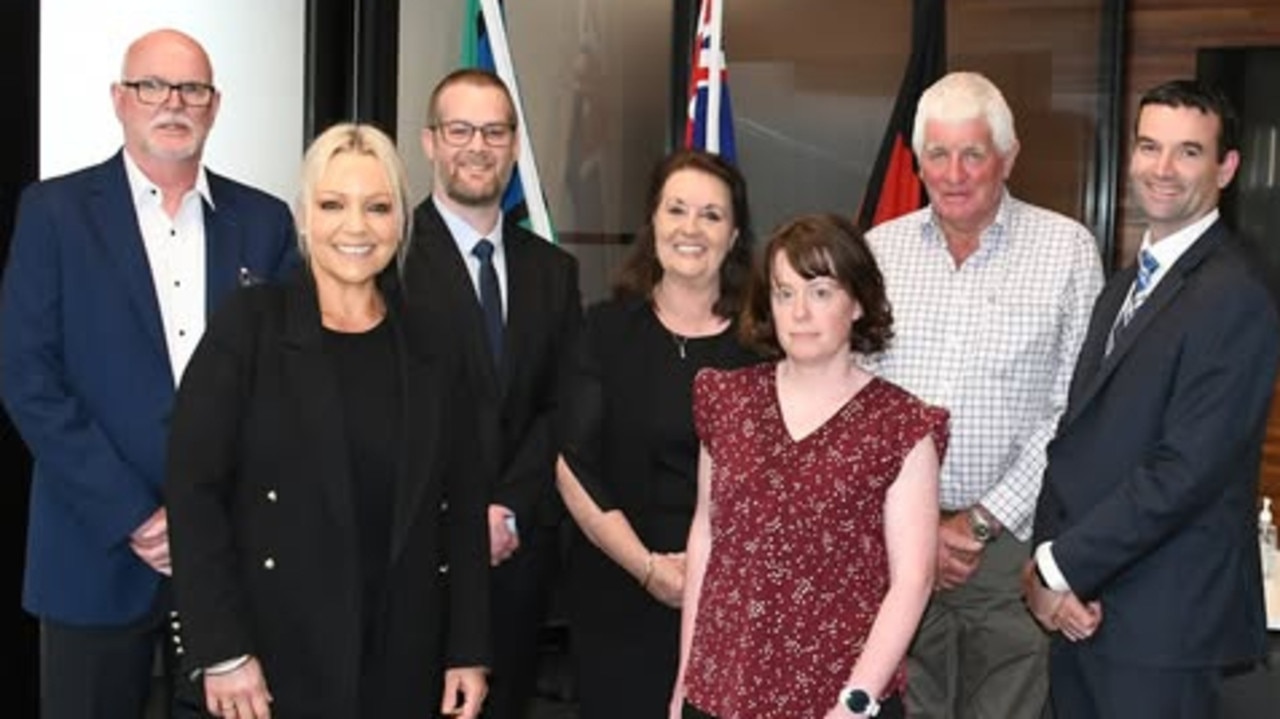 Golden Plains Shire councillors following their swearing in, from left to right, Brett Cunningham, Sarah Hayden, Lachlan Glen, Helena Kirby, Emma Robbins, Des Phelan and Owen Sharkey. Mr Cunningham and Mr Glen have since resigned. Picture: Supplied.