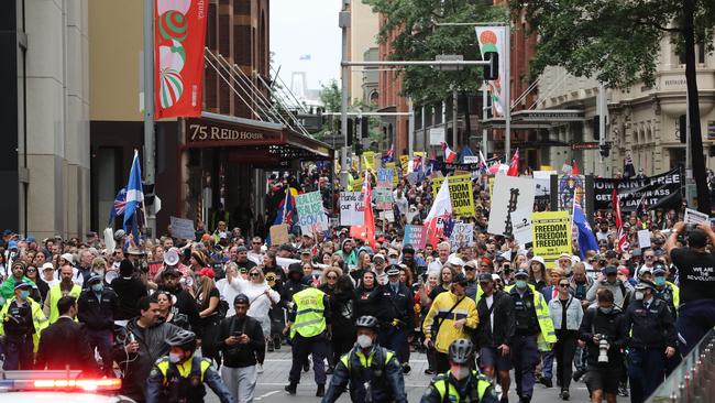 Hundreds joined the Millions March Against Mandatory Vaccinations protest in Sydneys CBD today. Picture: Tim Hunter