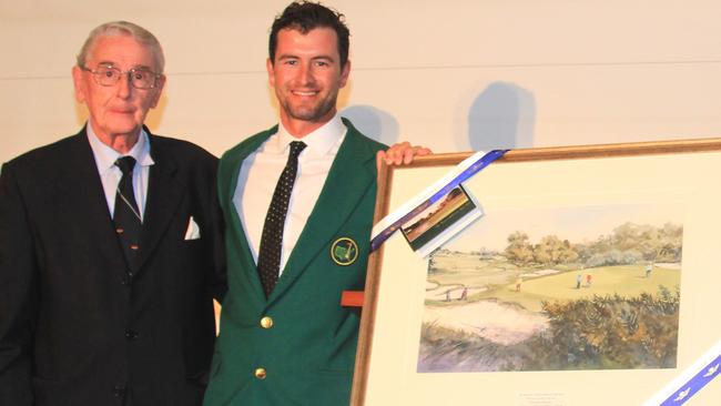 Robert Wade presented Adam Scott with a watercolour of Royal’s Sixth West Hole, which was specially commissioned to honour Scott as the first Australian to win the US Masters Championship in 2013.