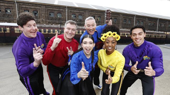 The Wiggles Lachy Gillespie, Simon Pryce, Anthony Field, Lucia Field, Tsehay Hawkins and John Pearce will touch down in Adelaide for their concert this weekend. Picture: Richard Dobson