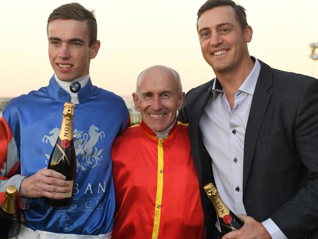 Brisbane premiership winners (from left) James Orman, Jeff Lloyd and Tony Gollan celebrate their wins. Picture: Natasha Wood, Trackside Photography