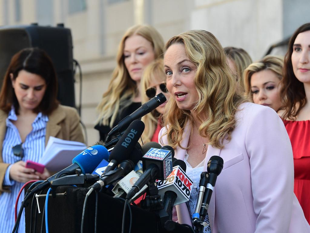 Louisette Geiss, lead plaintiff in Weinstein class action suit, speaks alongside a group of Silence Breakers. Picture: Frederic J. Brown