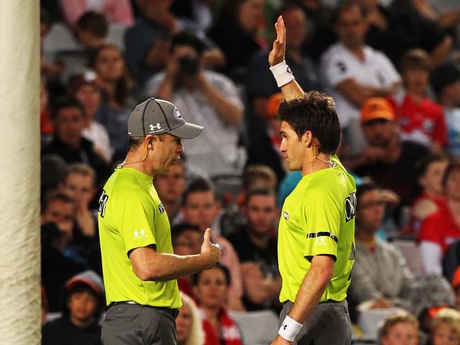 GWS Giants v Sydney Swans, ANZ Stadium. Umpires call for a video review.