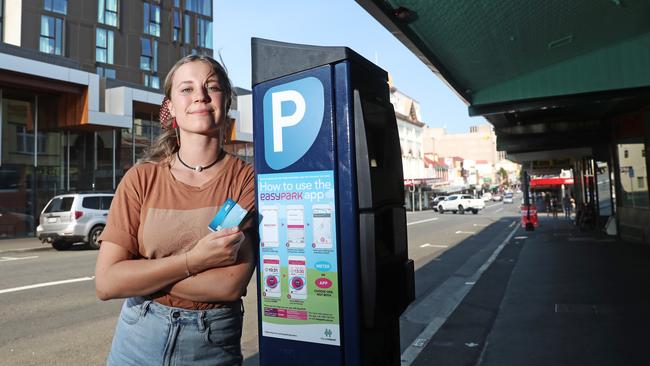 Molly Grey, 18, is frustrated with the one-hour parking meters in the CBD that cost $2 but the minimum credit card charge is $3. Picture: LUKE BOWDEN