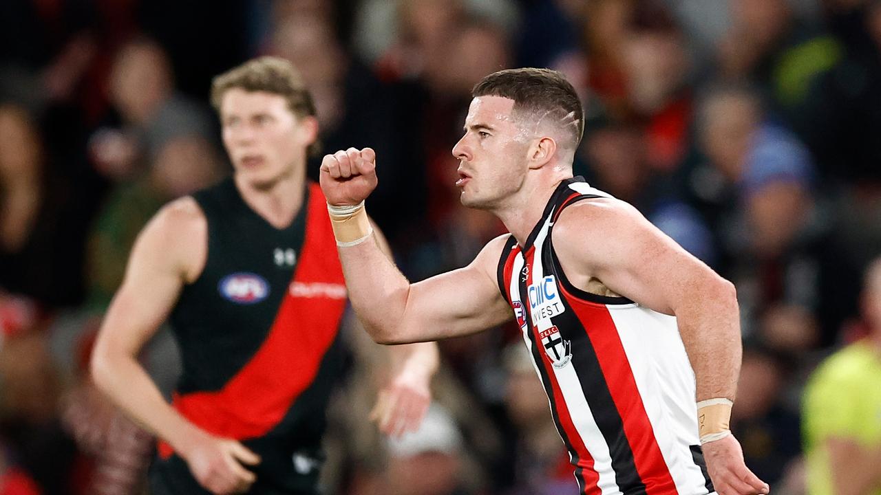 Jack Higgins celebrates a goal during St Kilda’s big win. (Photo by Michael Willson/AFL Photos via Getty Images)