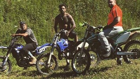 Josh Addo-Carr, centre, and Latrell Mitchell, left, flouting social distancing rules during a trip to Taree.