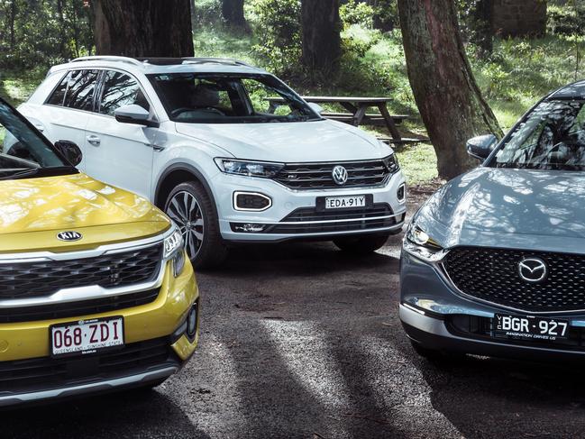 Compact SUVs: Volkswagen T-Roc, Kia Seltos and Mazda CX-30.