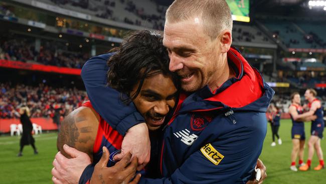 Demons coach Simon Goodwin and matchwinner Kysaiah Pickett. Picture: Michael Willson/AFL Photos