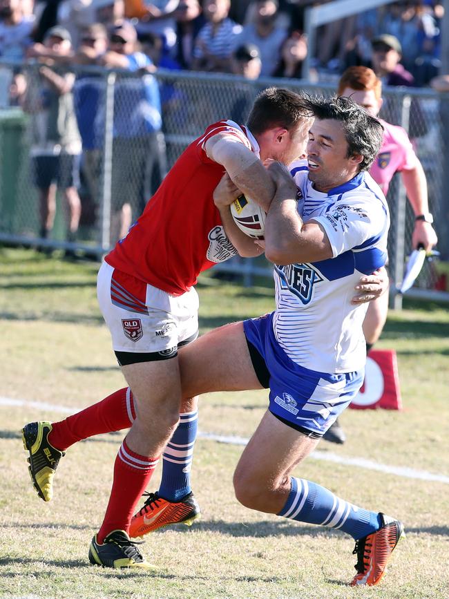 Action pics of Round 16 Rugby League Gold Coast match between Currumbin and Tugun (blue) at Galleon Way (Currumbin Eagles RLFC). Photo of Nat Barnes. Picture: Richard Gosling