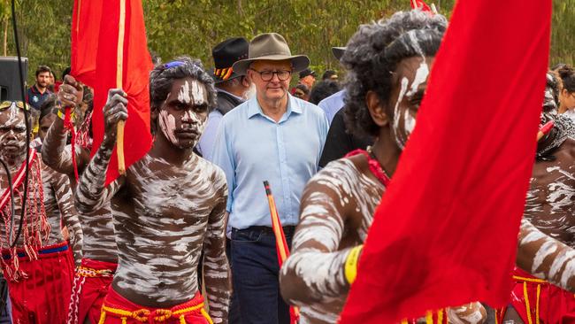 Prime Minister of Australia Anthony Albanese with Yolngu men during Garma Festival 2022. Picture: Tamati Smith/Getty Images