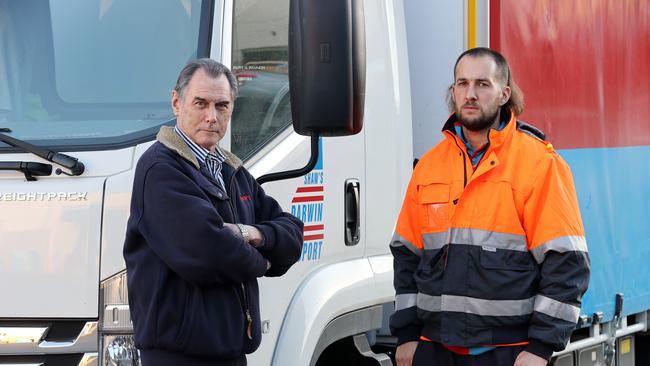 Allan Thornley at his trucking company in Wetherill Park with driver Austin Bidal-Cocker. Picture: Tim Hunter.