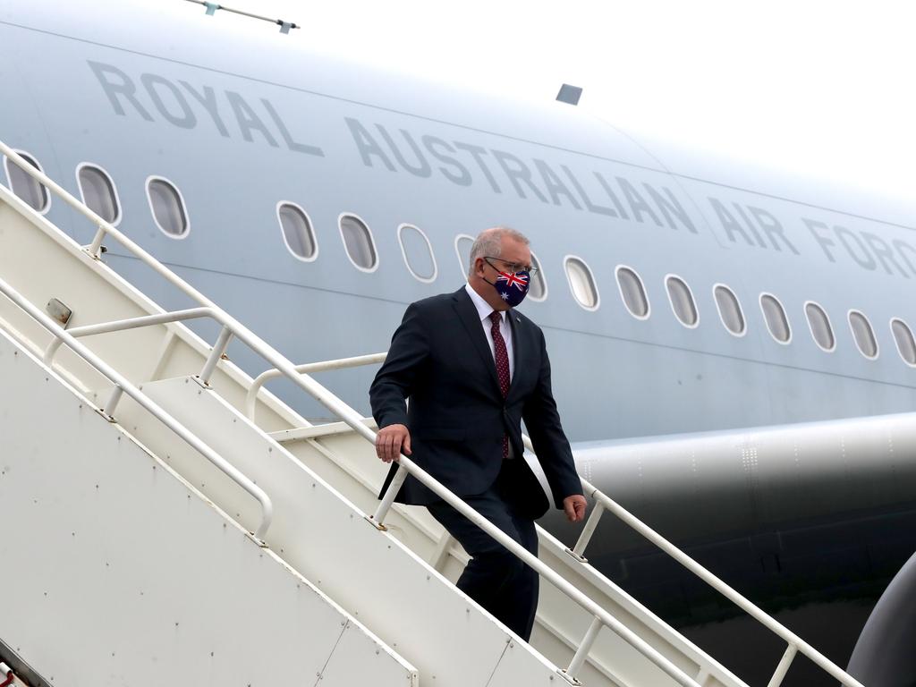 Australian Prime Minister Scott Morrison lands in the United Kingdom ahead of the G7 Summit in Cornwall. Picture: Adam Taylor/PMO