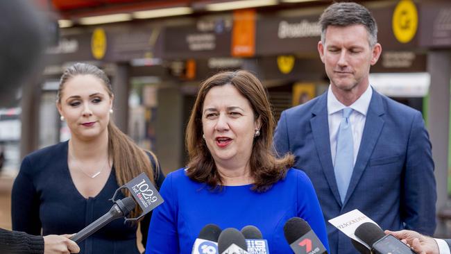 Queensland Premier Annastacia Palaszczuk (centre) with Meaghan Scanlon (left). Ms Palaszczuk has been accused of being out of touch by the state leader of the opposition. Picture: Jerad Williams