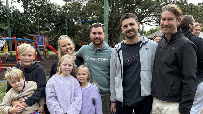 From left, Otis McDowall, Occy McDowall, Kaydence Kendal, Harper Kendal, Zoe Kendal, Liam Kendal, Reece Coleman and Jason McDowall following the Anzac Day Dawn Service at Mudjimba on April 25. Picture: Letea Cavander