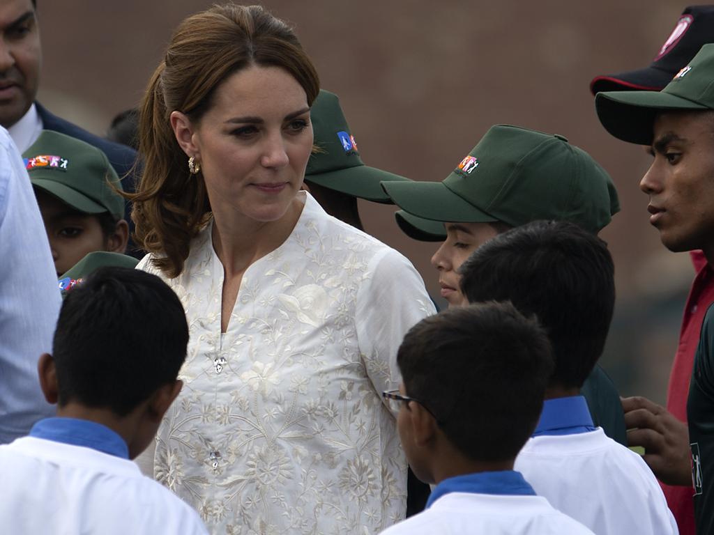 Kate, Duchess of Cambridge meets Pakistani students during her visit at the Pakistan Cricket Academy in Lahore. Picture: AP Photo/B.K. Bangash