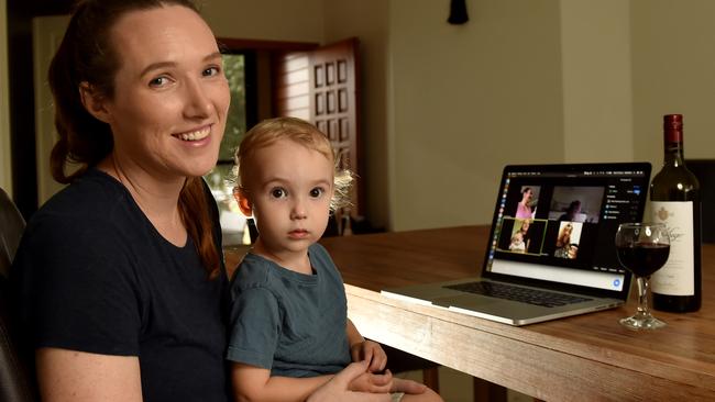 Townsville mums turn to their laptops with a wine in hand to find that support. Jesse Geerlings with Jasper, 18 months. Picture: Evan Morgan