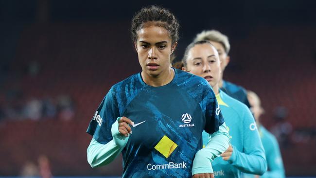 ZURICH, SWITZERLAND - OCTOBER 25: Mary Fowler of Australia warms up prior to the Women's international friendly match between Switzerland and Australia at Stadion Letzigrund on October 25, 2024 in Zurich, Switzerland. (Photo by Arnd Wiegmann/Getty Images for Football Australia)