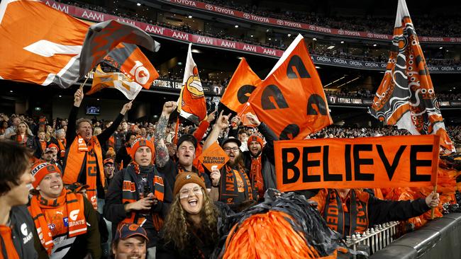 Giants fans during the AFL Preliminary Final match between the GWS Giants and Collingwood Magpies at the MCG on September 22, 2023.  Photo by Phil Hillyard(Image Supplied for Editorial Use only - **NO ON SALES** - Â©Phil Hillyard )