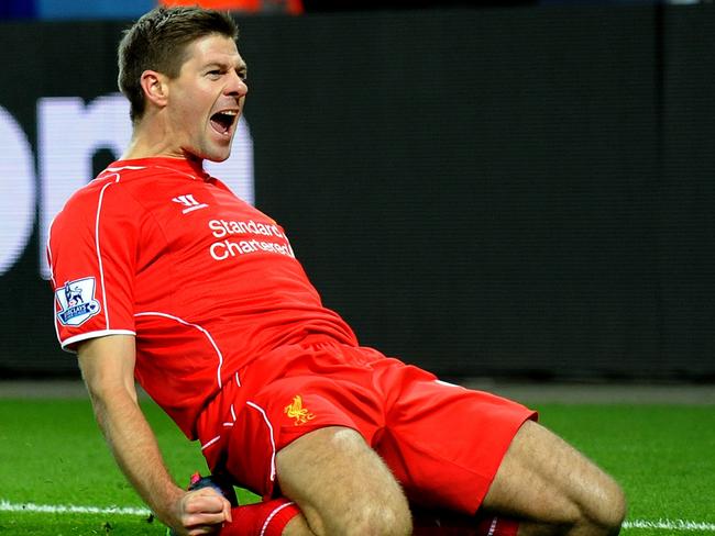 FILE - This is a Tuesday, Dec. 2, 2014 file photo of Liverpool's Steven Gerrard as he celebrates scoring against Leicester during the English Premier League soccer match between Leicester City and Liverpool at King Power Stadium, in Leicester, England. Liverpool captain Steven Gerrard is set to move to a foreign club after disclosing on Friday Jan. 2, 2015 he will leave his boyhood team after the season to seek a new football experience away from the English Premier League. The 34-year-old midfielder said he "agonized" over whether to accept Liverpool's offer of a new contract, and made the announcement midway through a season when he was no longer guaranteed a place in the team. (AP Photo/Rui Vieira, File)