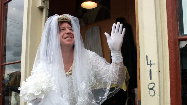 Mike Davis, who lives in Mary Donaldson's former family home at Taroona, frocked up ahead of the planned post-wedding bash back in 2004. The party was held in honour of the marriage of Tasmanian Mary Donaldson to Prince Frederik of Denmark in Copenhagen.