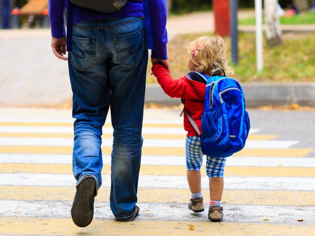 father walking little daughter with backpack to school or daycare istock image