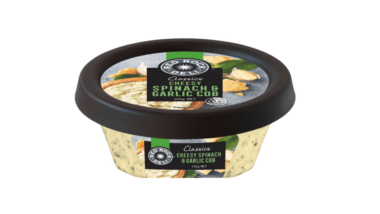 <h3><a href="https://www.coles.com.au/product/red-rock-deli-dip-classic-cheesy-spinach-and-garlic-cob-190g-6011305" target="_blank" rel="noopener">Red Rock Classic Cheese Spinach and Garlic Cob</a></h3><p>$4.80</p><p><span>886kJ / 211cal</span></p><p><span>17.5g fat</span></p><p><span>With a 38% cheese base and an ingredient list a mile long there is nothing healthy about this high-fat dip.</span></p>