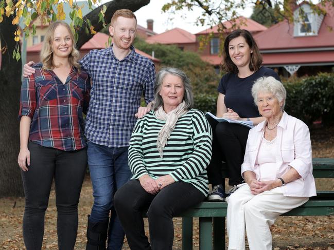 Tailings cast member Kris McQuade, centre, with the stars of television comedy Rosehaven. Picture: LUKE BOWDEN