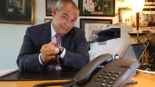 Mayor Tom Tate waits by his phone in his Gold Coast City Council Office for a call from the Prime Minister Scott Morrison or Opposition Leader Bill Shorten to pledge the extra money needed for stage three of the Light Rail. Picture Glenn Hampson