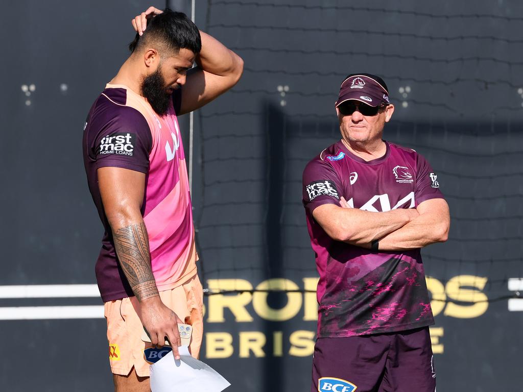 Payne Haas and Kevin Walters at red Hill during the captains run for the Brisbane Broncos. Picture: Tertius Pickard