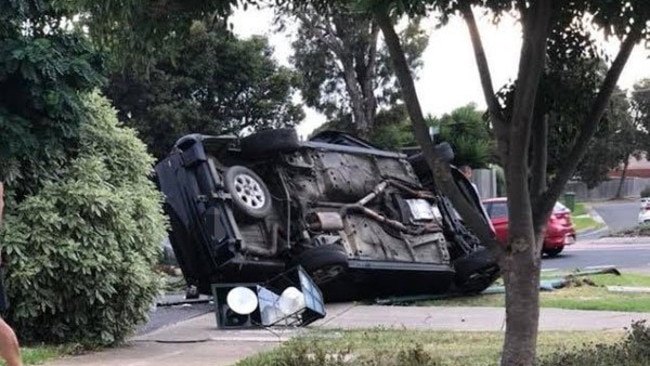 A vehicle damaged following a crash and subsequent pursuit in Cranbourne. Picture: 3AW, Twitter