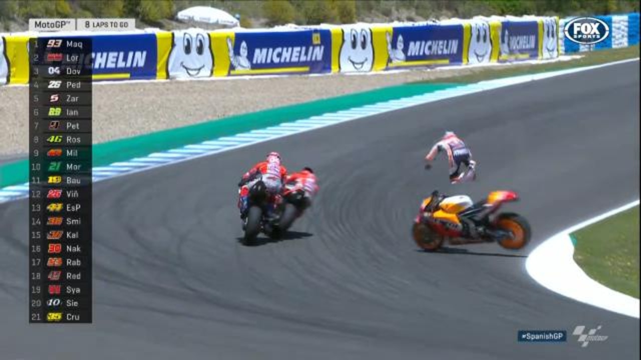 A huge three-way crash between Honda's Dani Pedrosa and Ducati duo Andrea Dovizioso and Jorge Lorenzo.