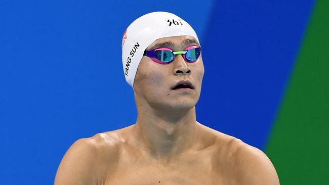 China's Sun Yang prepares to race in the Men's 200m Freestyle final at the Olympic Aquatics Stadium on day three, of the Rio 2016 Olympic Games in Brazil, Monday, Aug. 8, 2016. (AAP IMAGE/Dave Hunt)